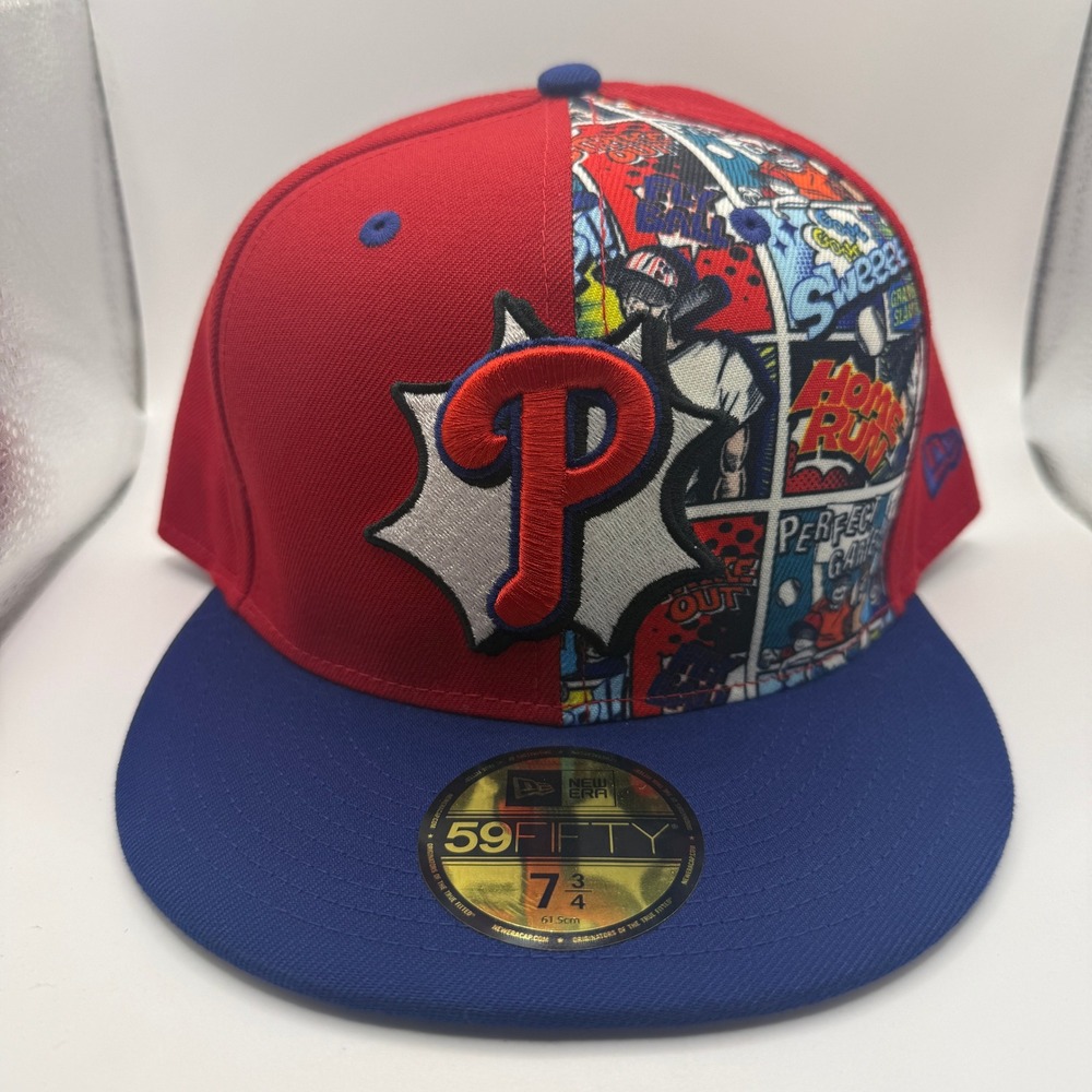 New Era 59FIFTY Philadelphia Phillies Comic Pop Art Fitted Hat 7 3/4 Red Blue